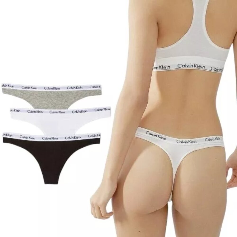 Calvin Klein Women's Carousel Thong Panty 3 Pack - QD3587 Black, White, Grey - Picture 2 of 3